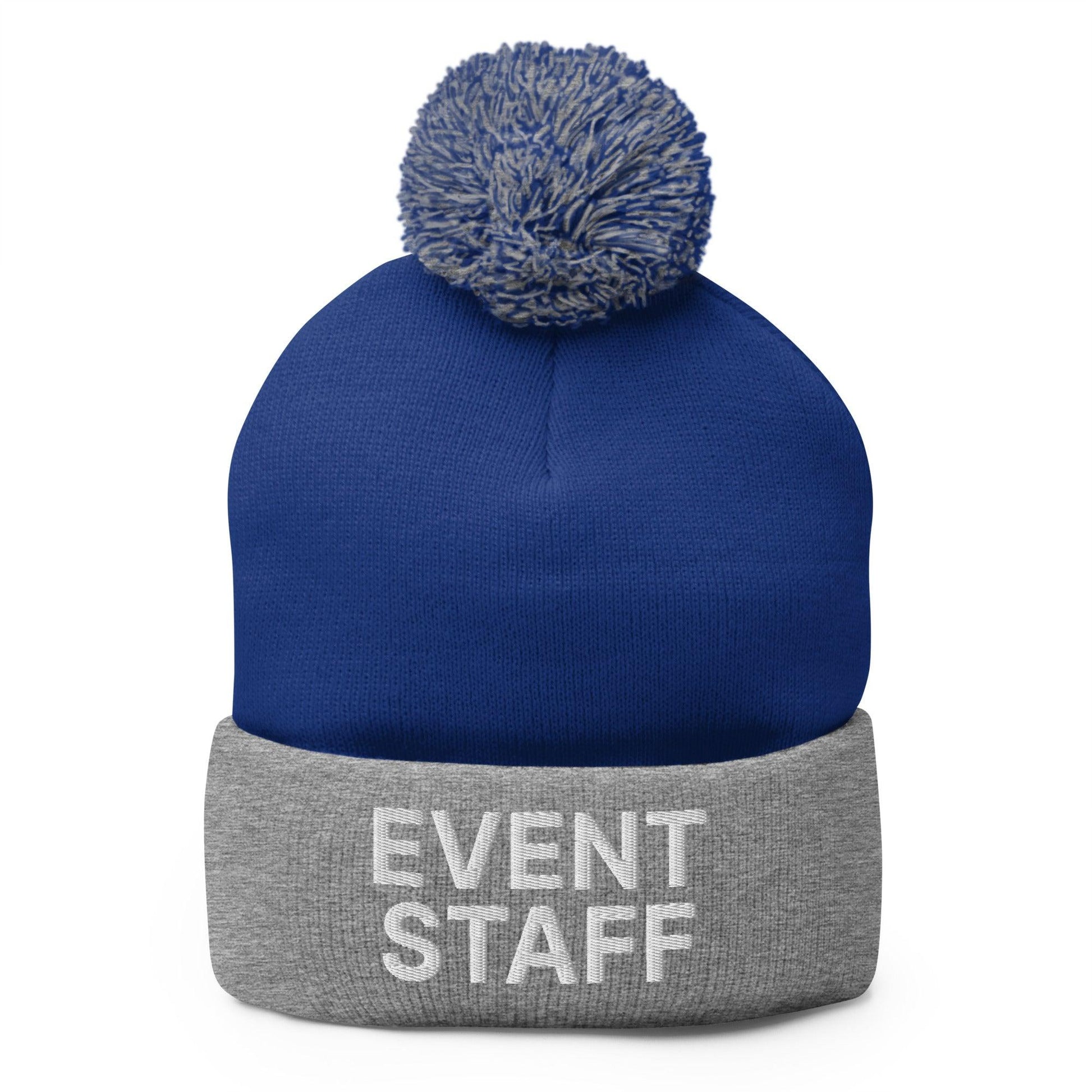 Event Staff Uniform Block Embroidered Knit Pom Beanie - Royal/ Heather Grey