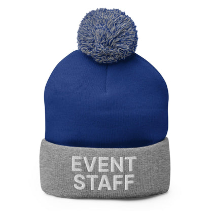Event Staff Uniform Block Embroidered Knit Pom Beanie - Royal/ Heather Grey
