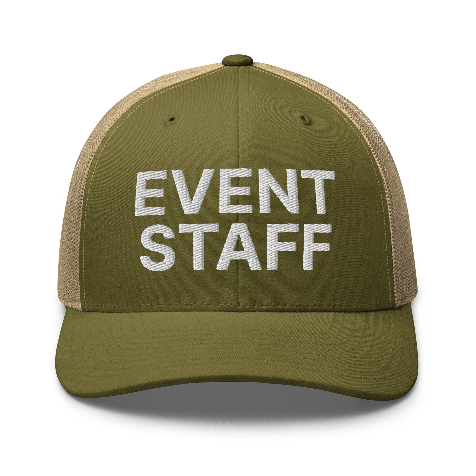Event Staff Work Block Embroidered Mesh Trucker Hat - Moss/ Khaki