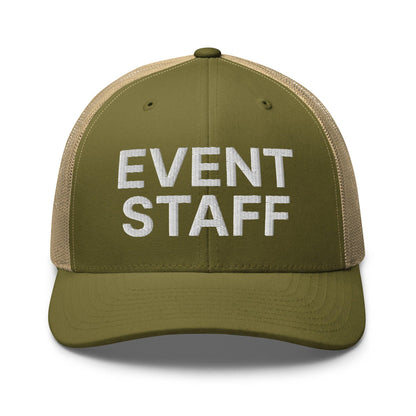 Event Staff Work Block Embroidered Mesh Trucker Hat - Moss/ Khaki