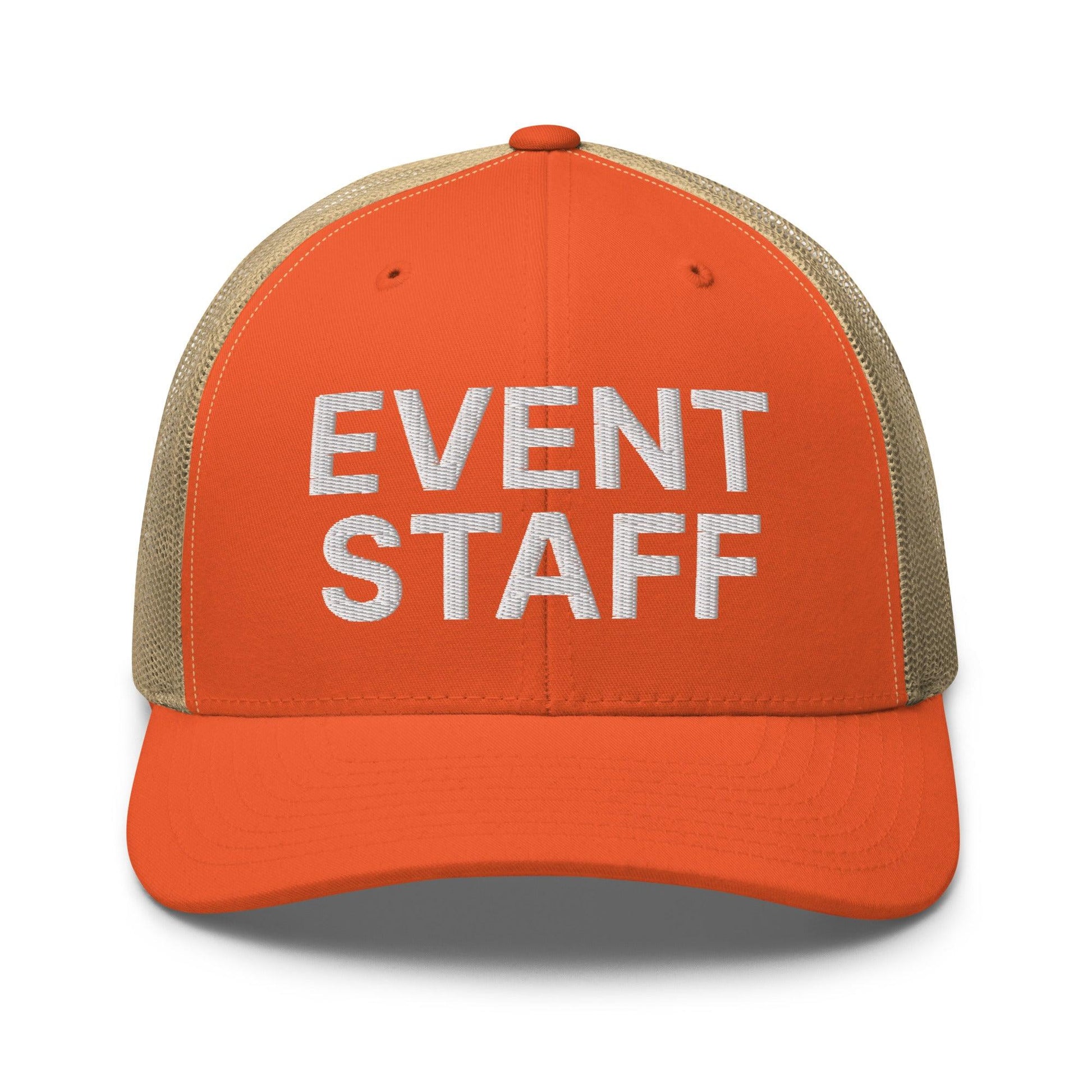 Event Staff Work Block Embroidered Mesh Trucker Hat - Rustic Orange/ Khaki