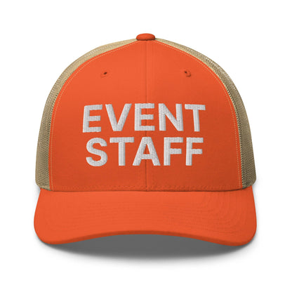 Event Staff Work Block Embroidered Mesh Trucker Hat - Rustic Orange/ Khaki