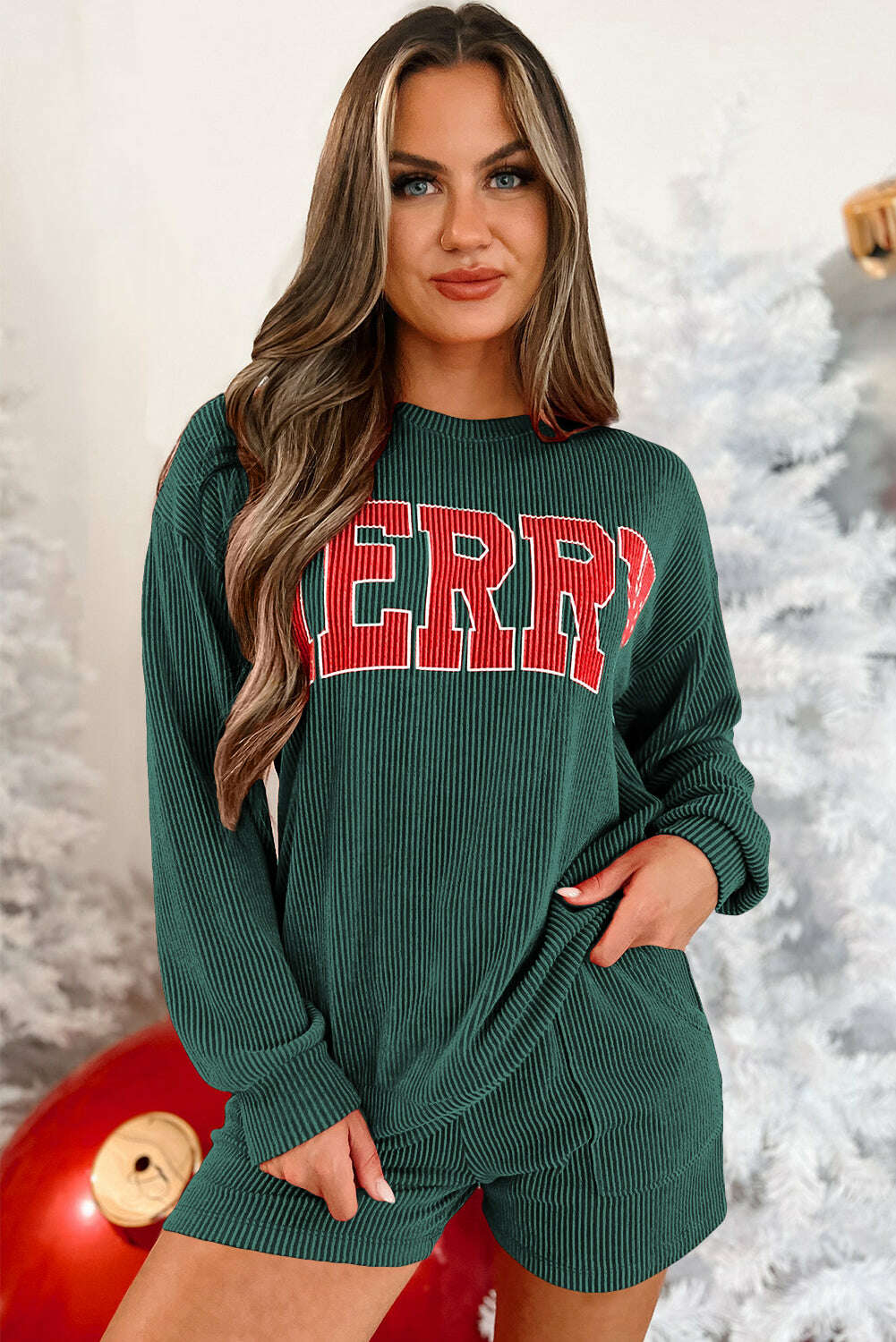 Loungewear Set-Evergreen Corded MERRY Long Sleeve Top and Shorts Pajama Set-torontoscreenprinting.ca