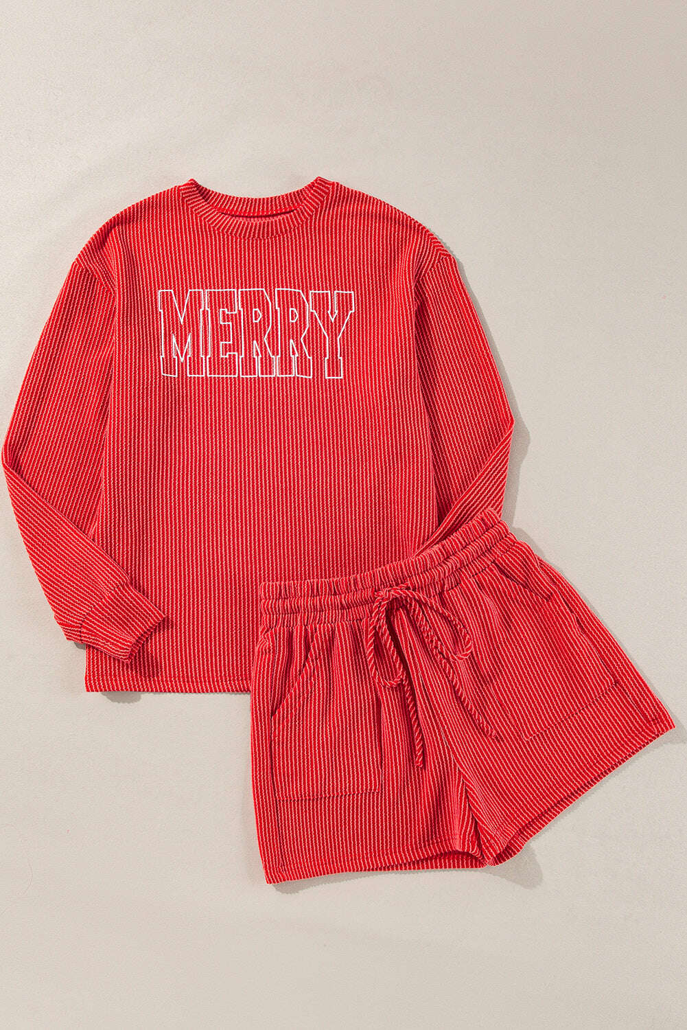 Loungewear Set-Evergreen Corded MERRY Long Sleeve Top and Shorts Pajama Set-torontoscreenprinting.ca