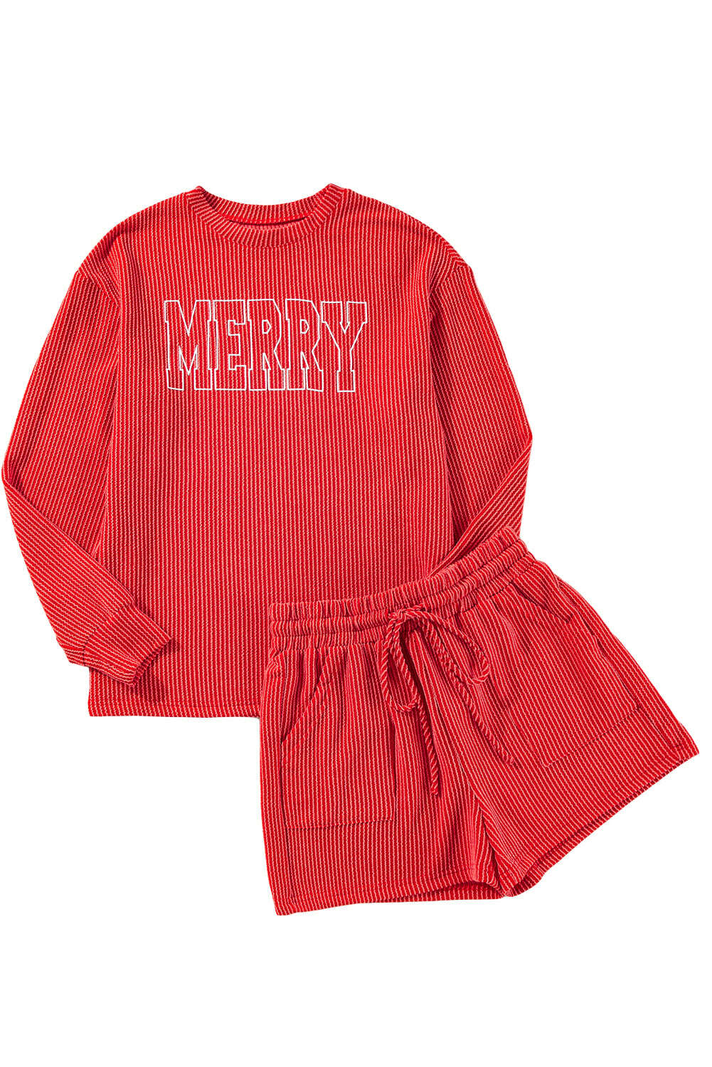 Loungewear Set-Evergreen Corded MERRY Long Sleeve Top and Shorts Pajama Set-torontoscreenprinting.ca