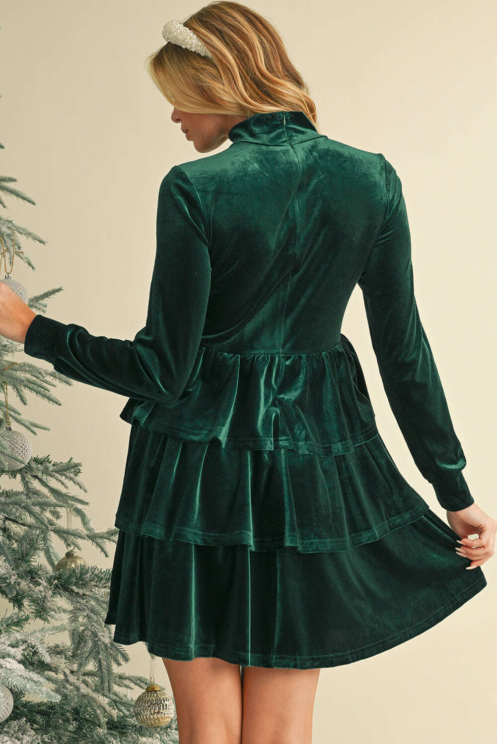 Short Dresses-Evergreen Velvet High Neck Tiered Ruffle Mini Dress-torontoscreenprinting.ca