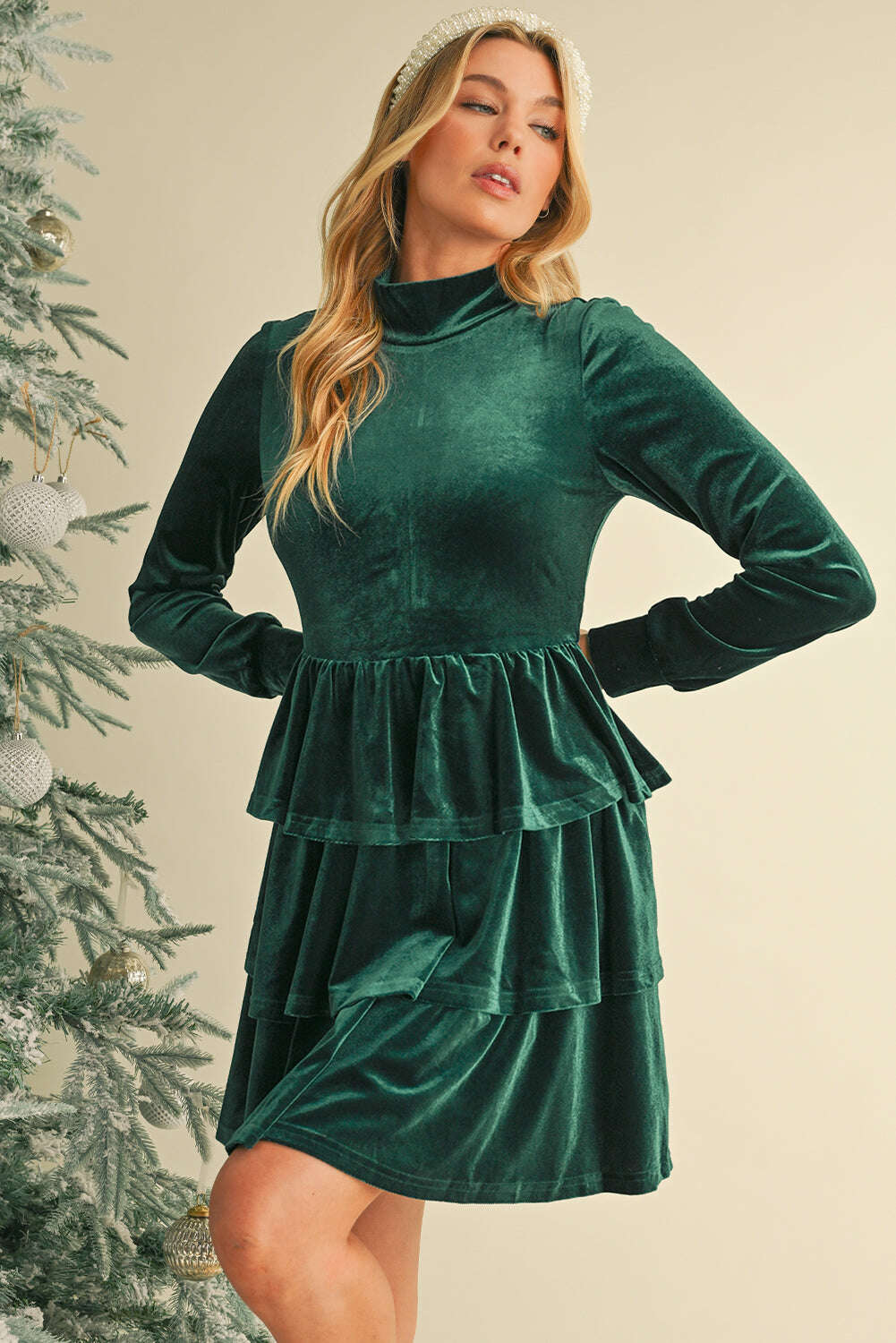 Short Dresses-Evergreen Velvet High Neck Tiered Ruffle Mini Dress-torontoscreenprinting.ca