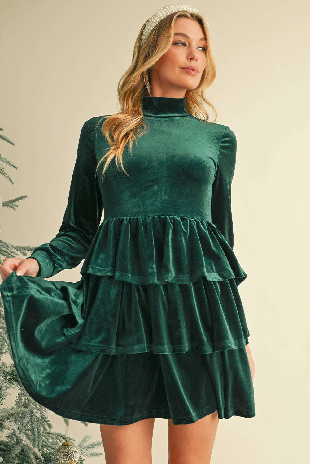 Short Dresses-Evergreen Velvet High Neck Tiered Ruffle Mini Dress-torontoscreenprinting.ca