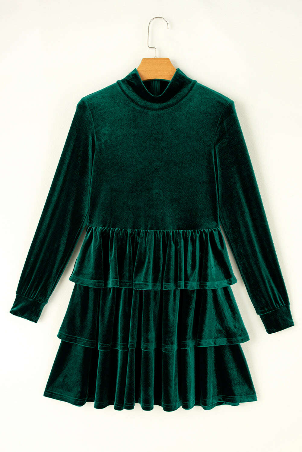 Short Dresses-Evergreen Velvet High Neck Tiered Ruffle Mini Dress-torontoscreenprinting.ca