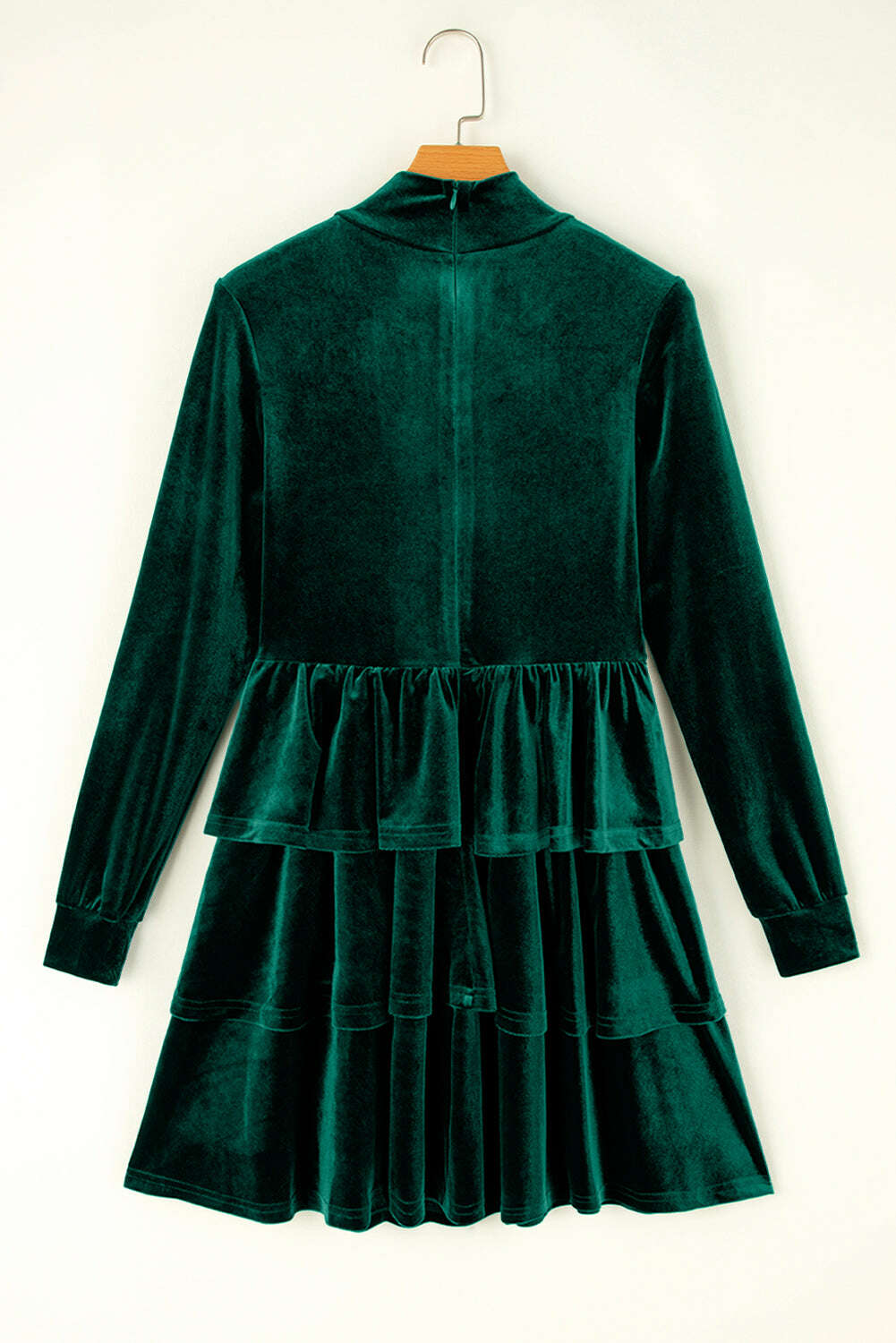 Short Dresses-Evergreen Velvet High Neck Tiered Ruffle Mini Dress-torontoscreenprinting.ca