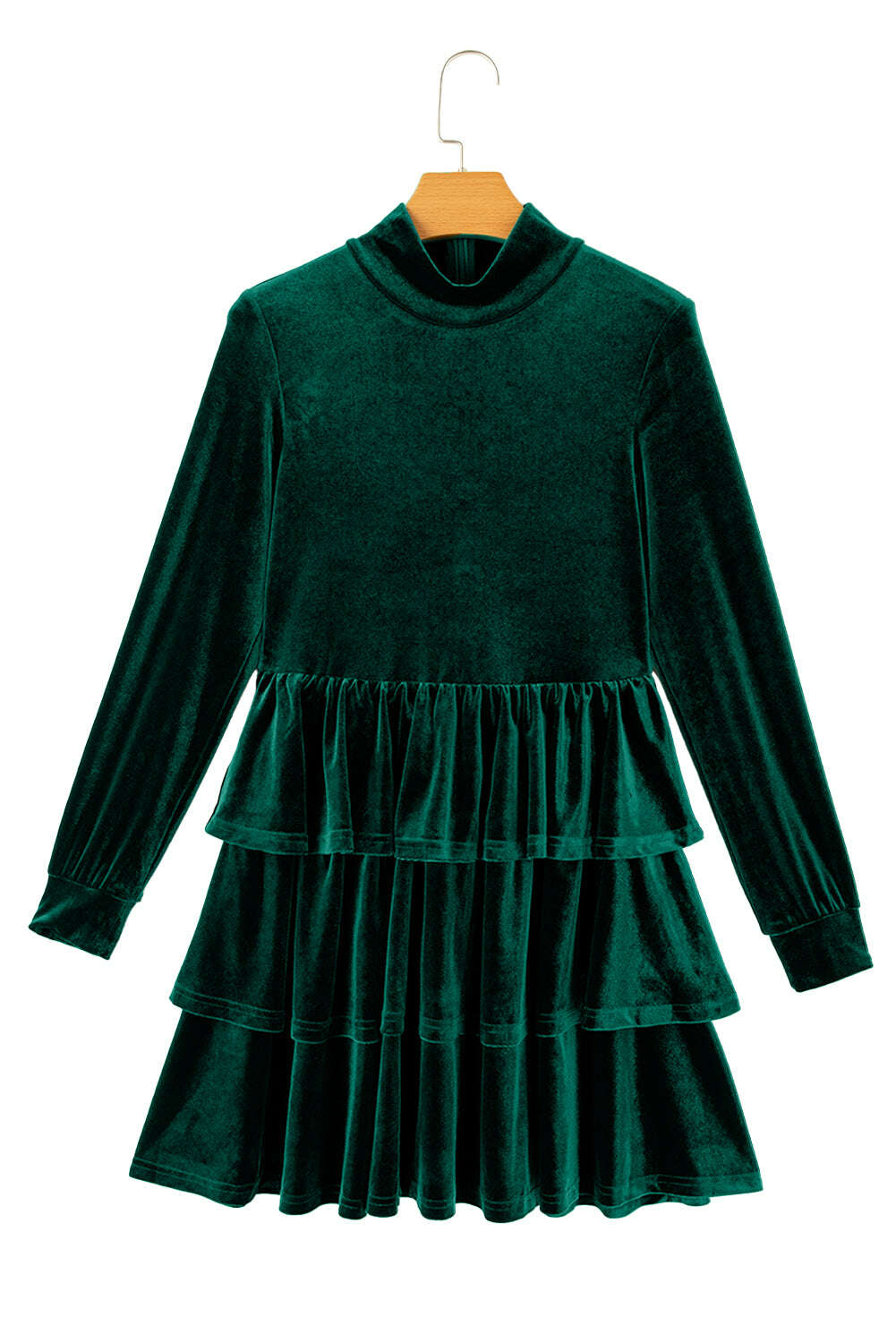 Short Dresses-Evergreen Velvet High Neck Tiered Ruffle Mini Dress-torontoscreenprinting.ca