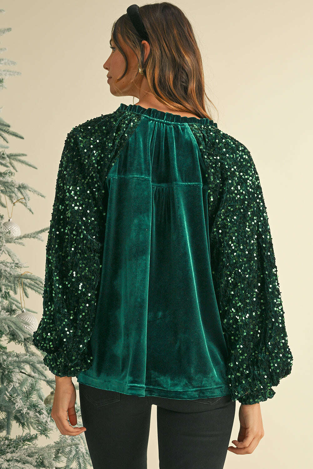 Blouses-Evergreen Velvet Sequin Patchwork Sleeve Button Up Blouse-torontoscreenprinting.ca