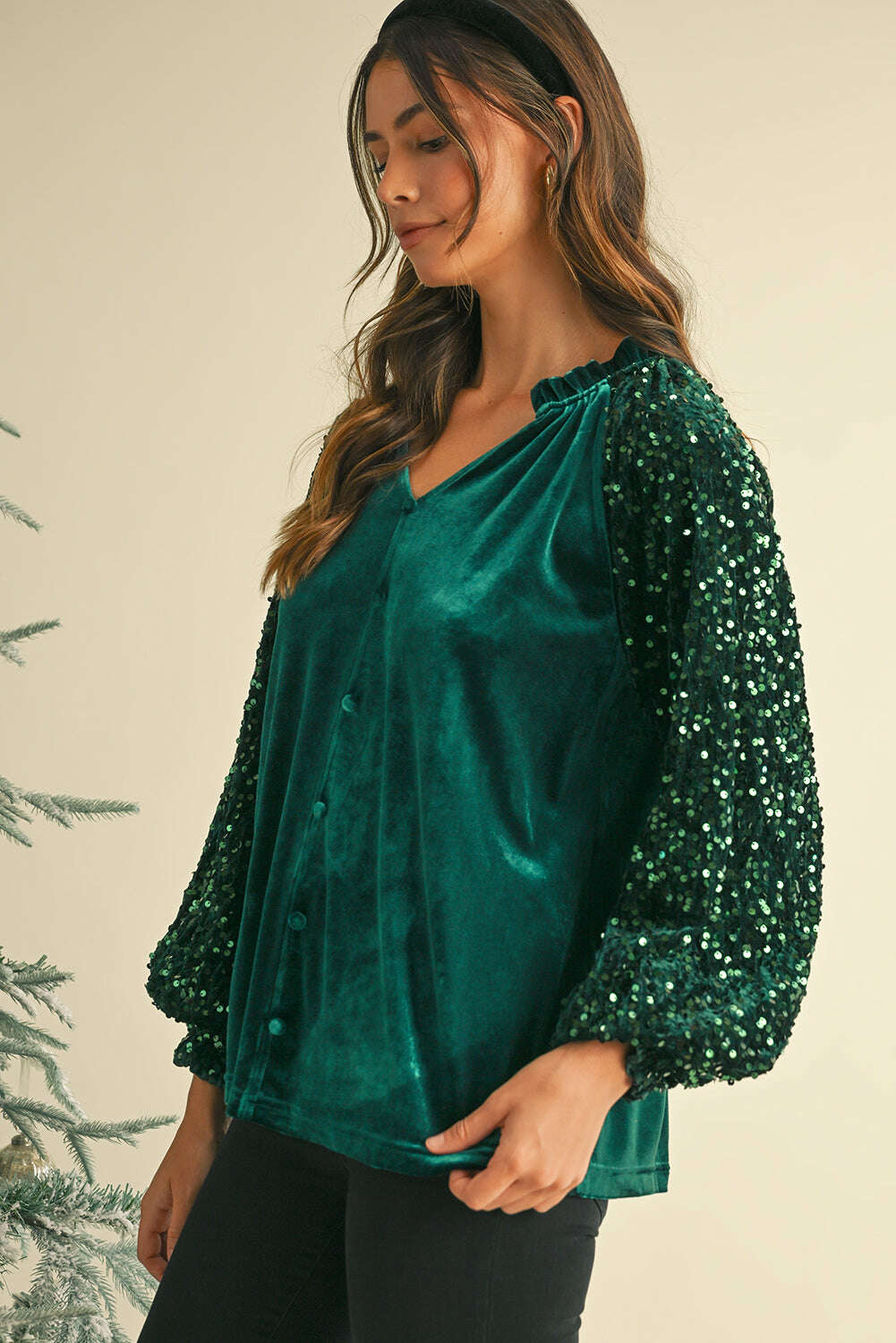 Blouses-Evergreen Velvet Sequin Patchwork Sleeve Button Up Blouse-torontoscreenprinting.ca