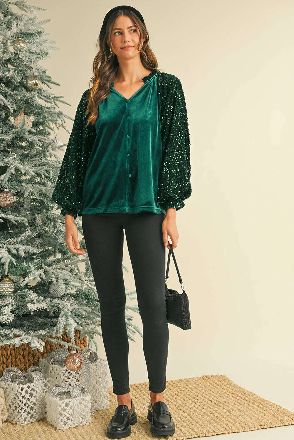 Blouses-Evergreen Velvet Sequin Patchwork Sleeve Button Up Blouse-torontoscreenprinting.ca