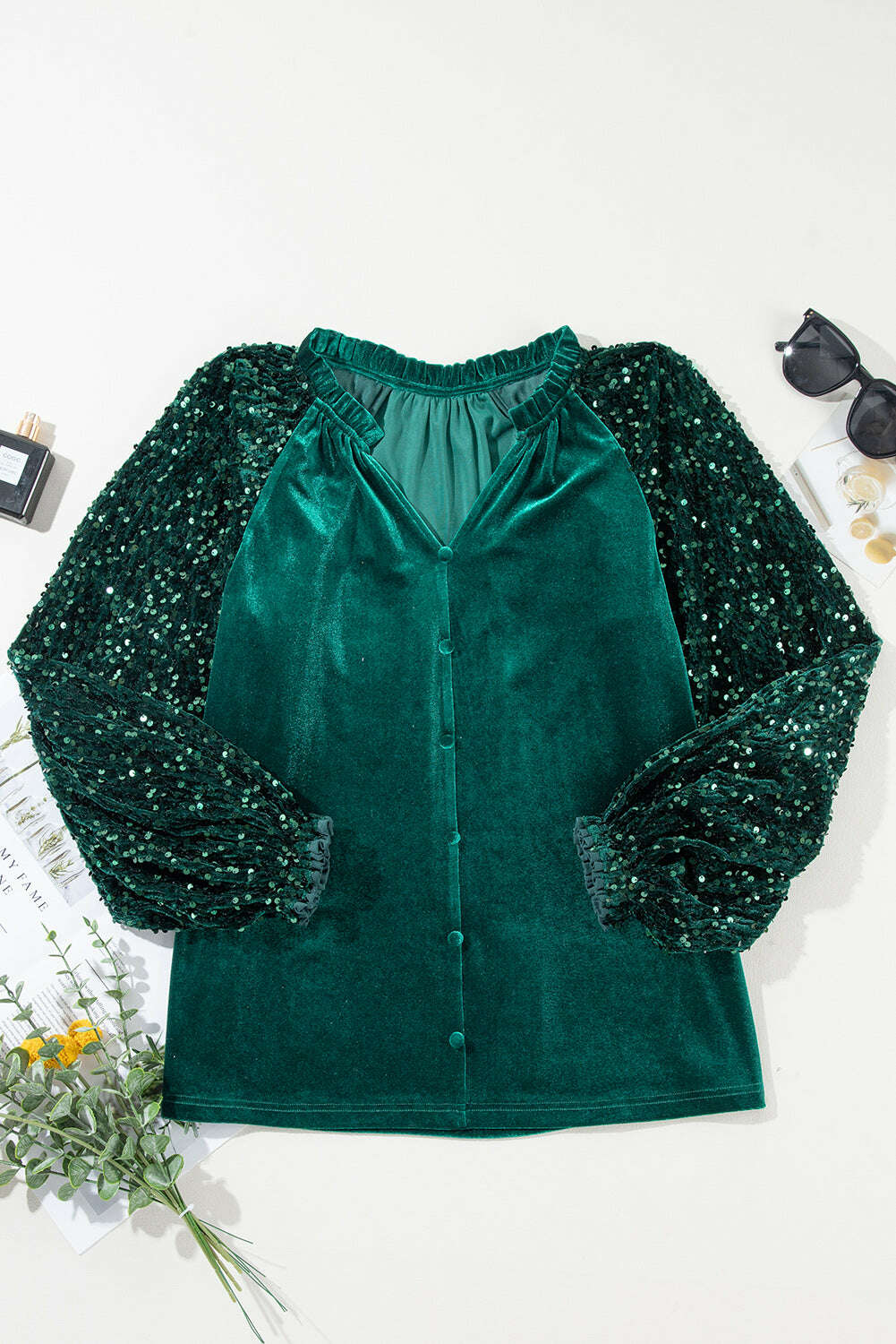 Blouses-Evergreen Velvet Sequin Patchwork Sleeve Button Up Blouse-torontoscreenprinting.ca