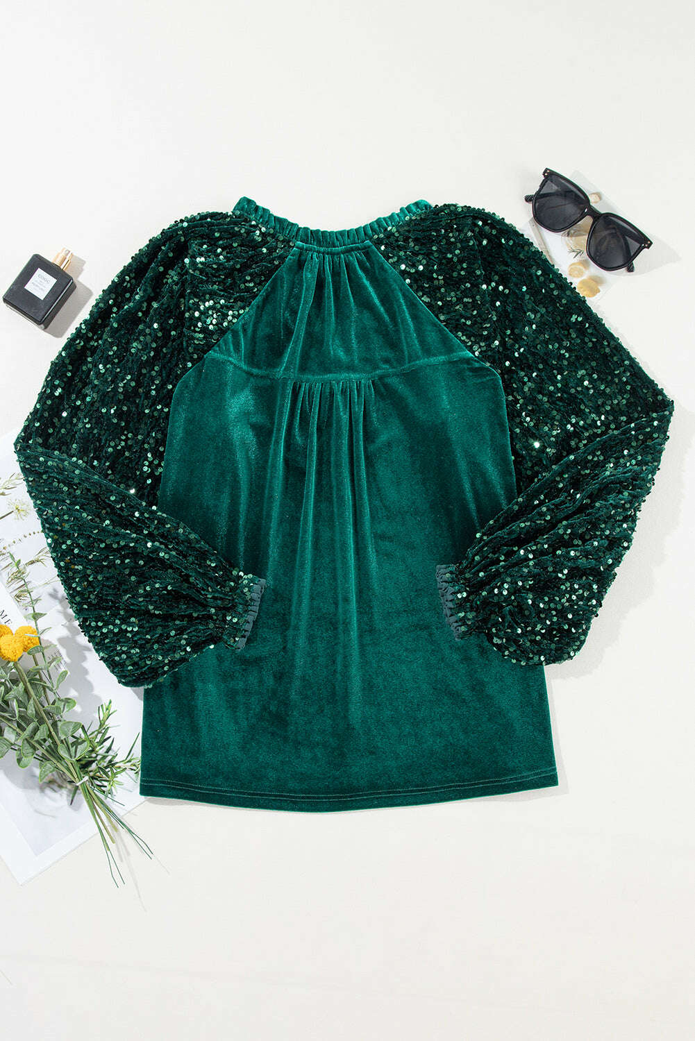 Blouses-Evergreen Velvet Sequin Patchwork Sleeve Button Up Blouse-torontoscreenprinting.ca