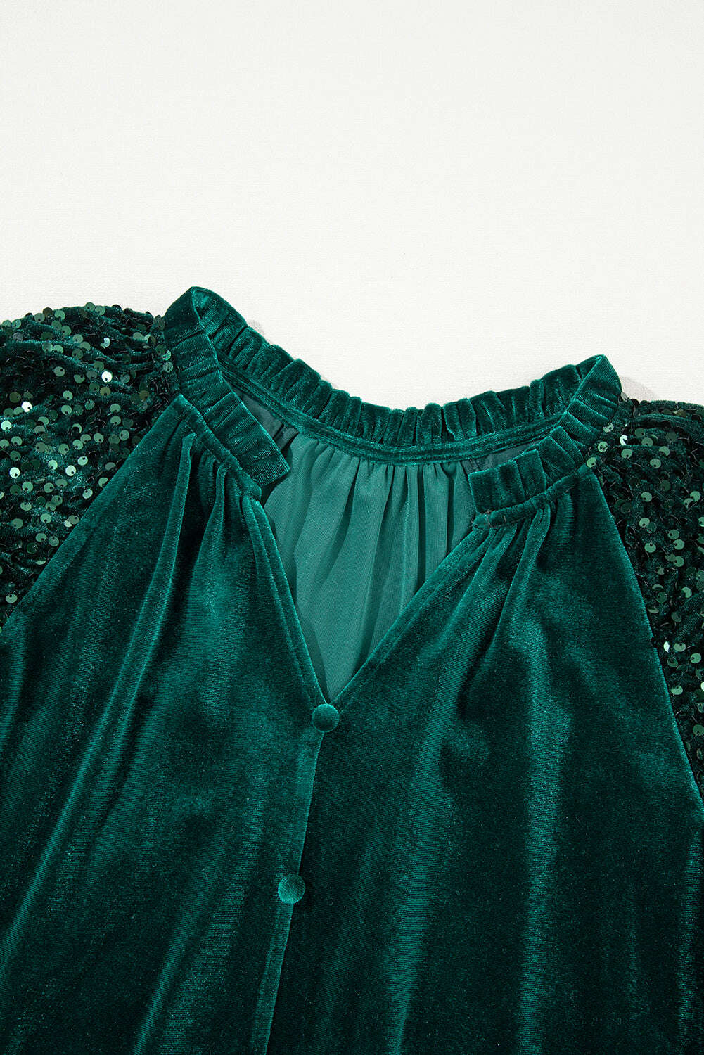 Blouses-Evergreen Velvet Sequin Patchwork Sleeve Button Up Blouse-torontoscreenprinting.ca