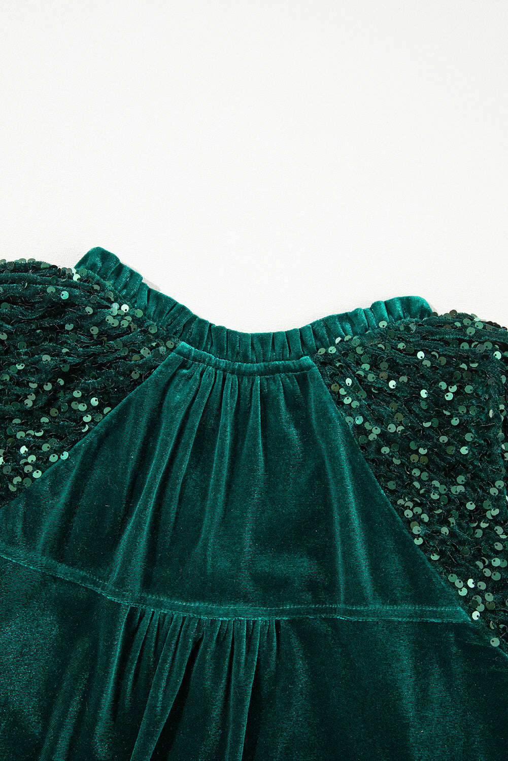 Blouses-Evergreen Velvet Sequin Patchwork Sleeve Button Up Blouse-torontoscreenprinting.ca