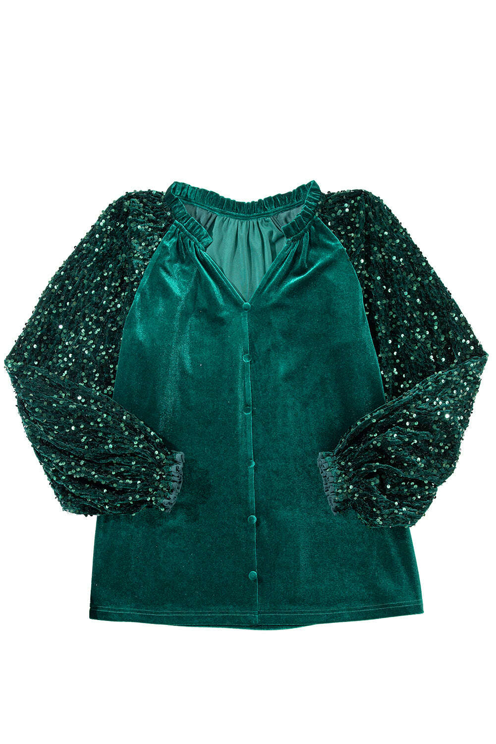 Blouses-Evergreen Velvet Sequin Patchwork Sleeve Button Up Blouse-torontoscreenprinting.ca