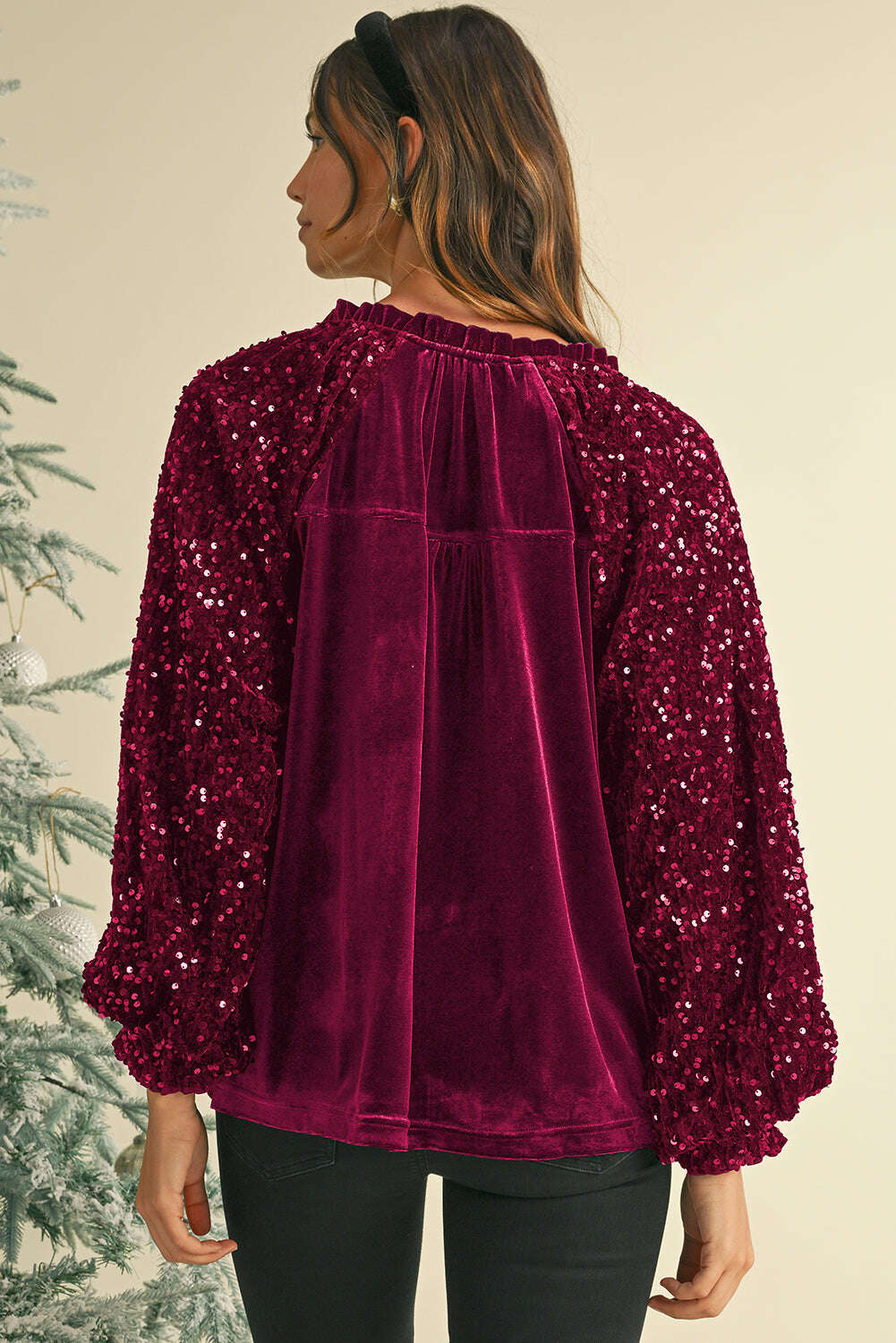 Blouses-Evergreen Velvet Sequin Patchwork Sleeve Button Up Blouse-torontoscreenprinting.ca