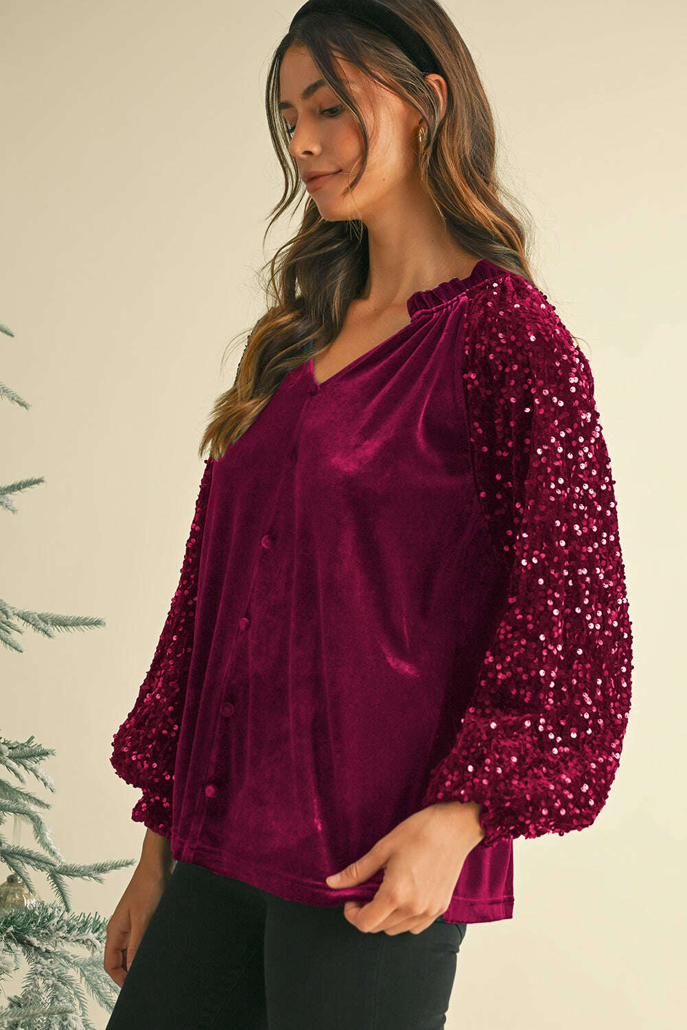 Blouses-Evergreen Velvet Sequin Patchwork Sleeve Button Up Blouse-torontoscreenprinting.ca