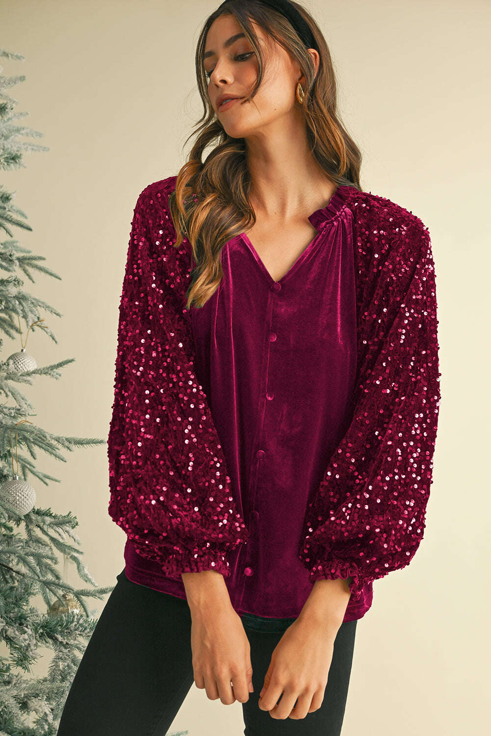 Blouses-Evergreen Velvet Sequin Patchwork Sleeve Button Up Blouse-torontoscreenprinting.ca