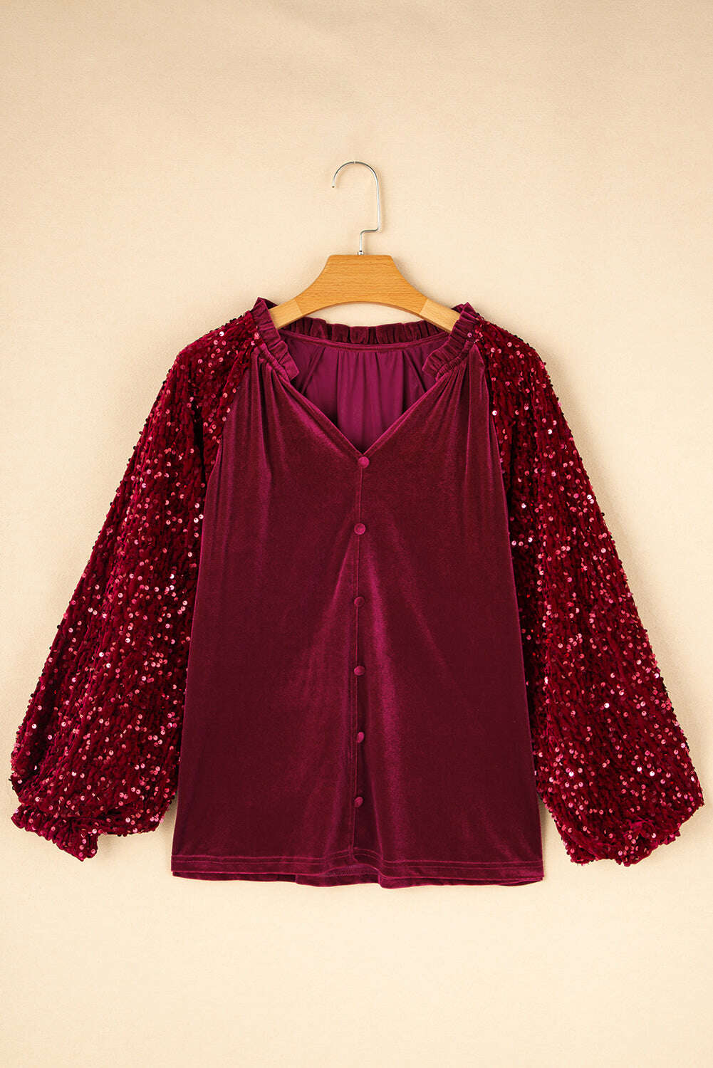 Blouses-Evergreen Velvet Sequin Patchwork Sleeve Button Up Blouse-torontoscreenprinting.ca