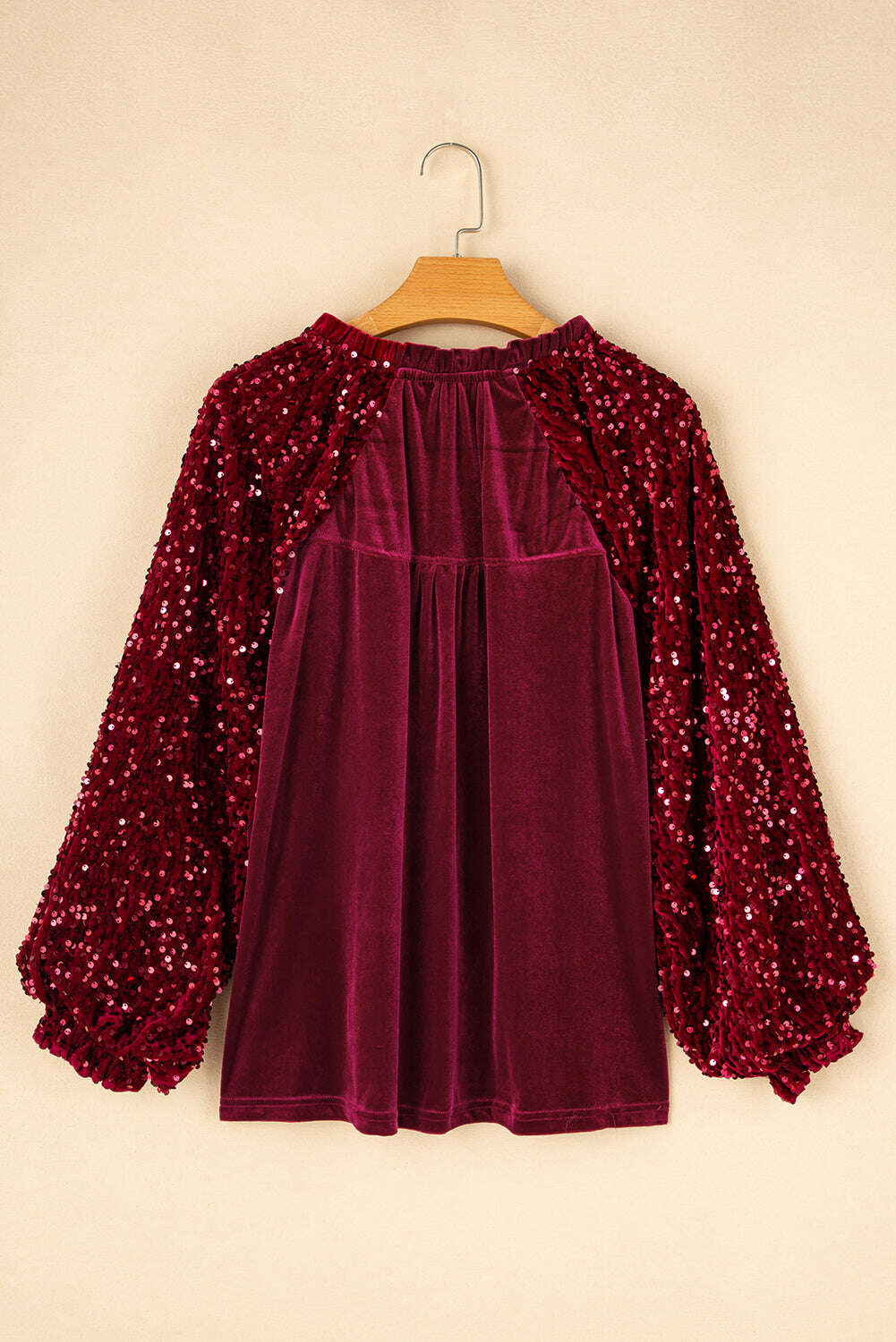 Blouses-Evergreen Velvet Sequin Patchwork Sleeve Button Up Blouse-torontoscreenprinting.ca