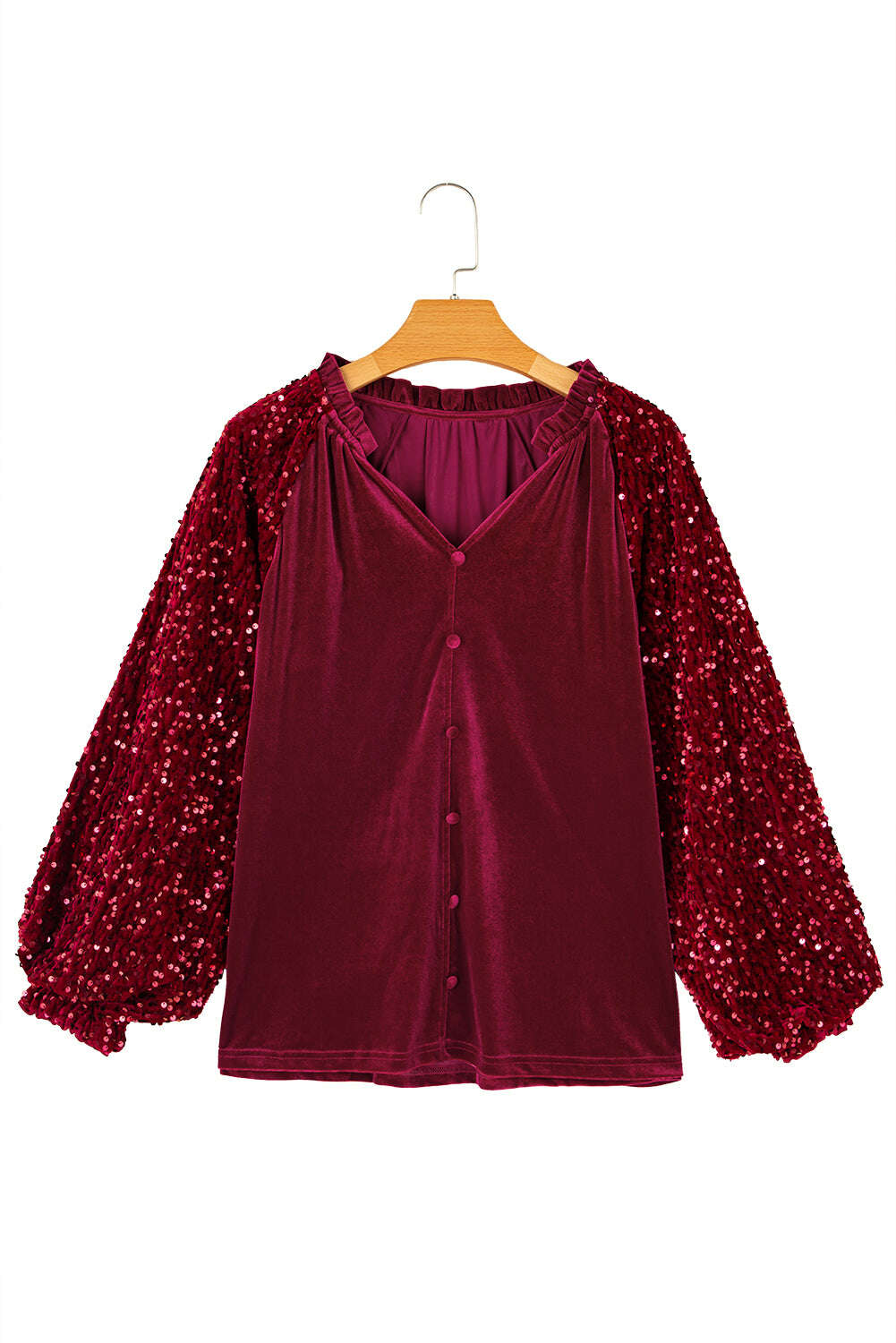 Blouses-Evergreen Velvet Sequin Patchwork Sleeve Button Up Blouse-torontoscreenprinting.ca