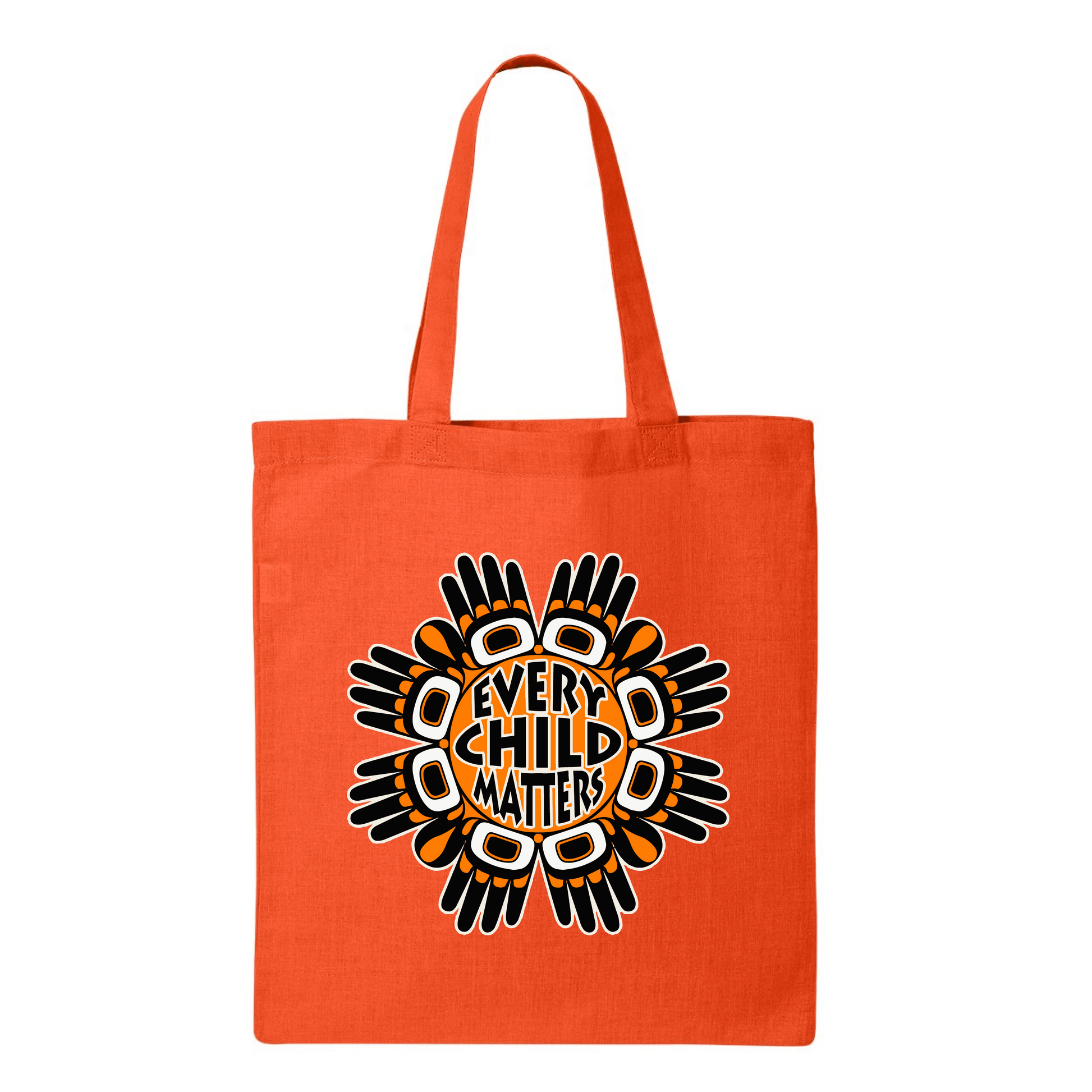 Orange tote bag for Every Child Matters featuring a black and white circular design with hand symbols
