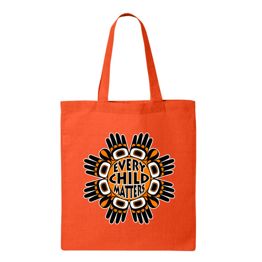 Orange tote bag for Every Child Matters featuring a black and white circular design with hand symbols