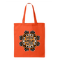 Orange tote bag for Every Child Matters featuring a black and white circular design with hand symbols