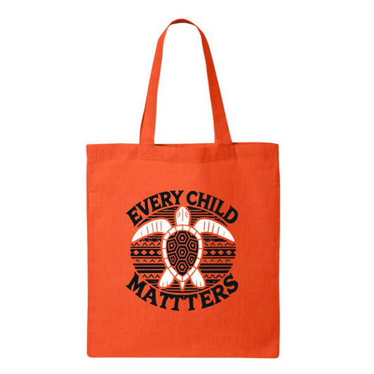 Orange tote bag with Child Matters Turtle design in Every Child Matters tote collection