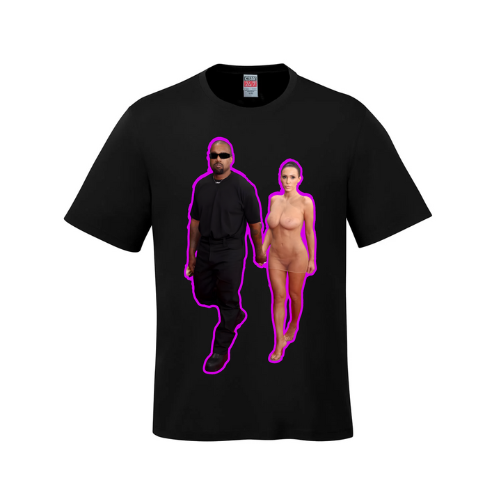 Exit in Style: Kanye & Bianca - Hot Pink Outline T-Shirt - Black / Small - T-Shirt