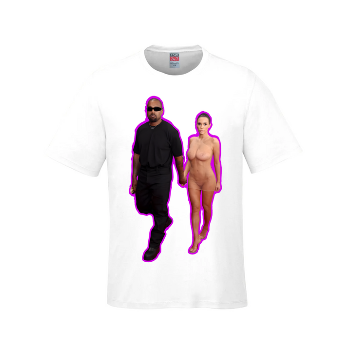 Exit in Style: Kanye & Bianca - Hot Pink Outline T-Shirt - White / Small - T-Shirt