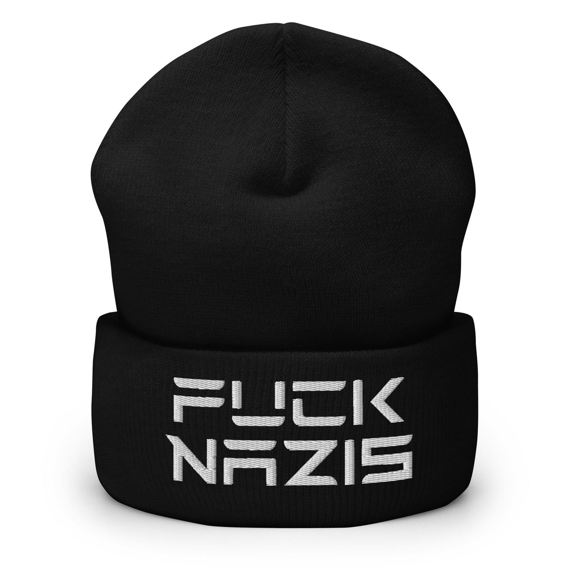 F*ck Nazis Elon Musk Embroidered Cuffed Knit Beanie - Black