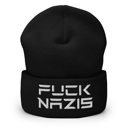 F*ck Nazis Elon Musk Embroidered Cuffed Knit Beanie - Black