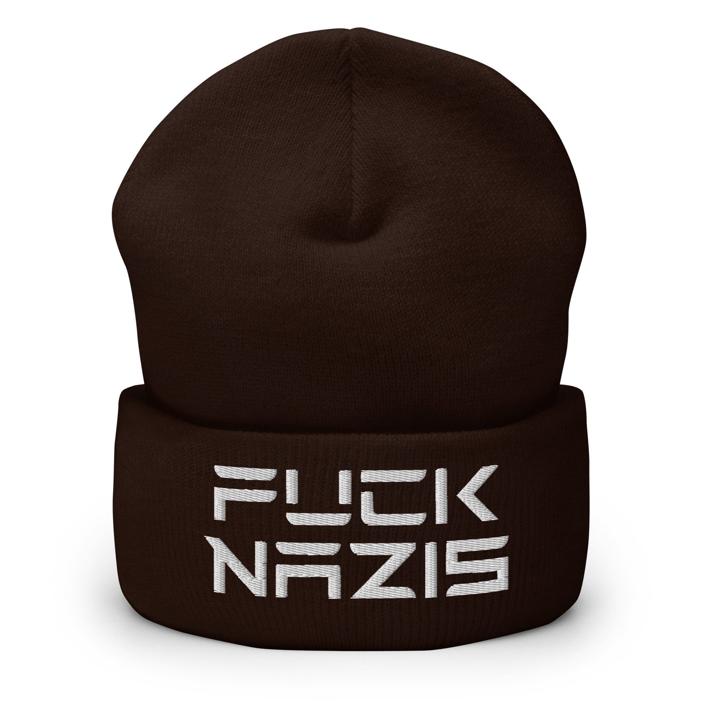 F*ck Nazis Elon Musk Embroidered Cuffed Knit Beanie - Brown