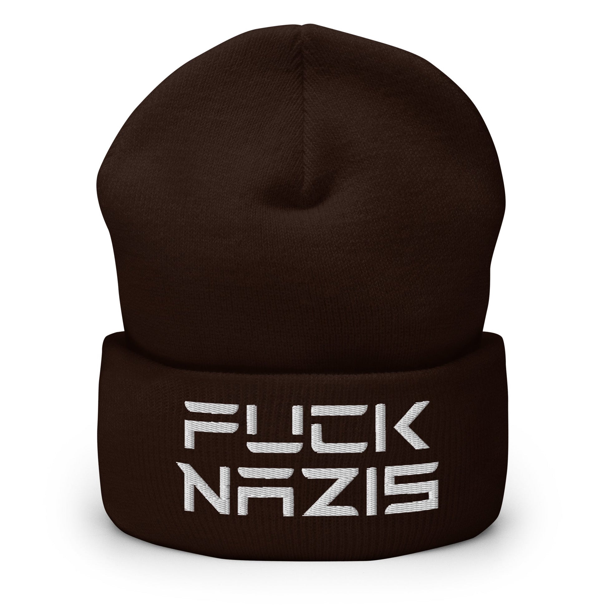 F*ck Nazis Elon Musk Embroidered Cuffed Knit Beanie - Brown