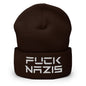 F*ck Nazis Elon Musk Embroidered Cuffed Knit Beanie - Brown
