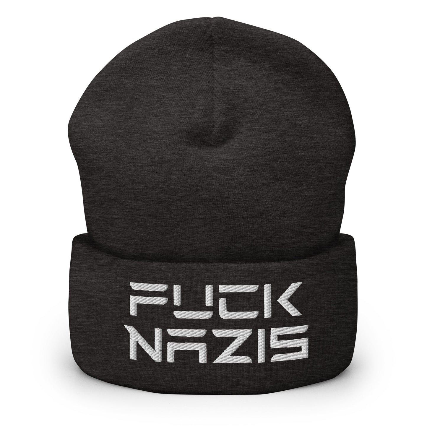 F*ck Nazis Elon Musk Embroidered Cuffed Knit Beanie - Dark Grey