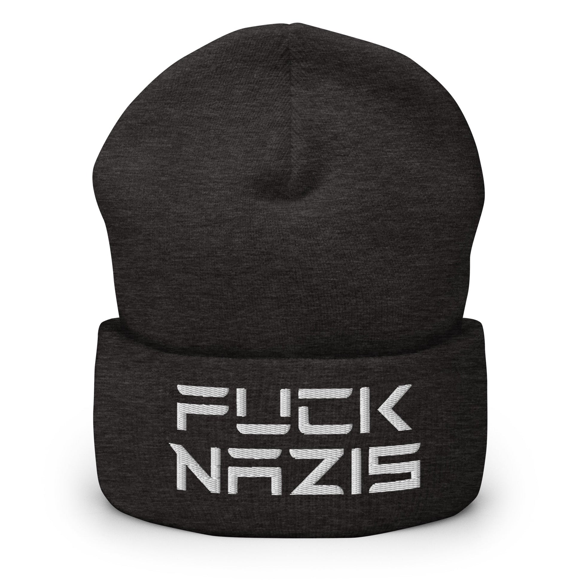 F*ck Nazis Elon Musk Embroidered Cuffed Knit Beanie - Dark Grey