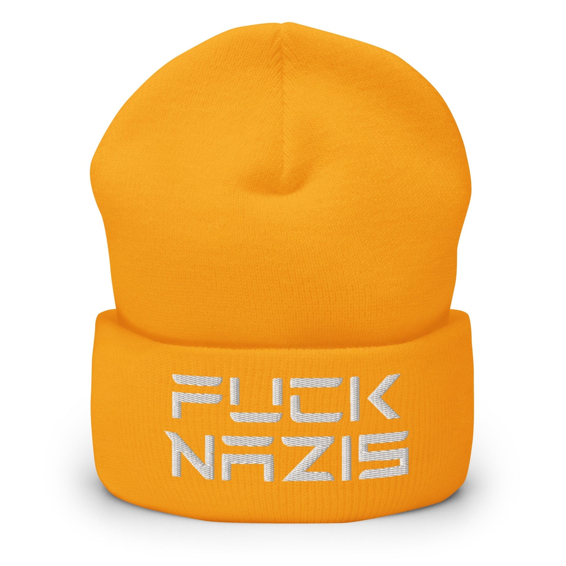 F*ck Nazis Elon Musk Embroidered Cuffed Knit Beanie - Gold
