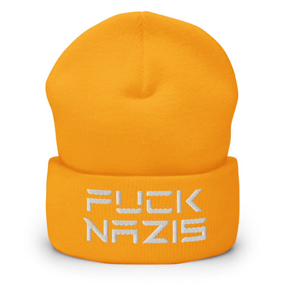 F*ck Nazis Elon Musk Embroidered Cuffed Knit Beanie - Gold