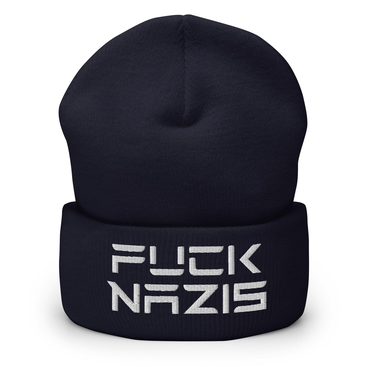 F*ck Nazis Elon Musk Embroidered Cuffed Knit Beanie - Navy