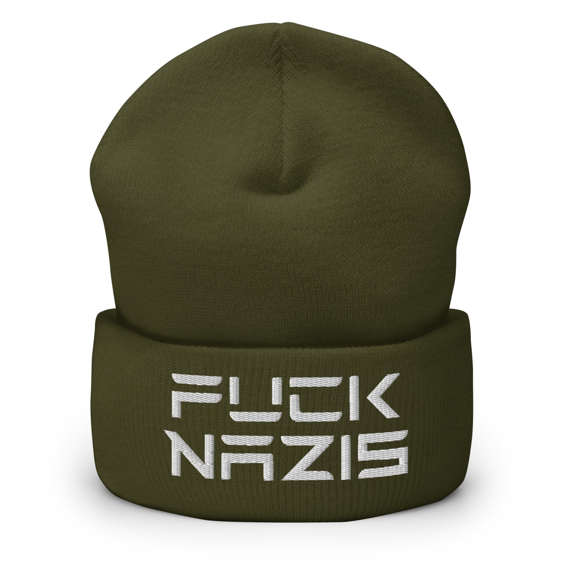 F*ck Nazis Elon Musk Embroidered Cuffed Knit Beanie - Olive