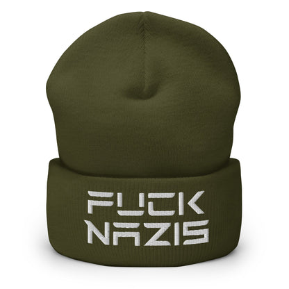 F*ck Nazis Elon Musk Embroidered Cuffed Knit Beanie - Olive
