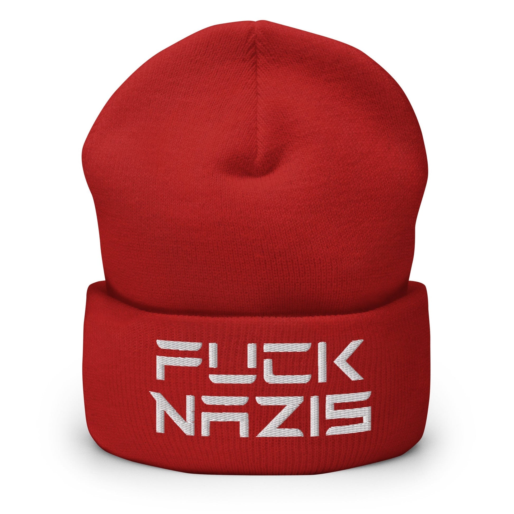 F*ck Nazis Elon Musk Embroidered Cuffed Knit Beanie - Red