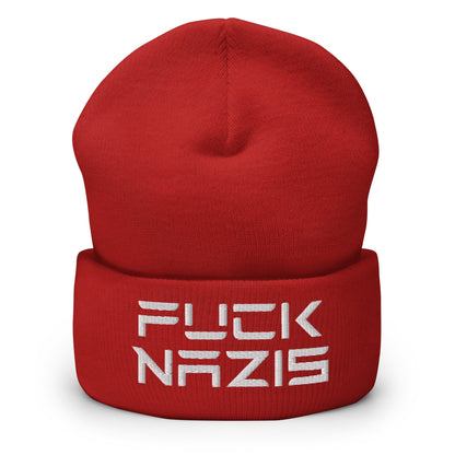 F*ck Nazis Elon Musk Embroidered Cuffed Knit Beanie - Red