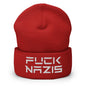 F*ck Nazis Elon Musk Embroidered Cuffed Knit Beanie - Red